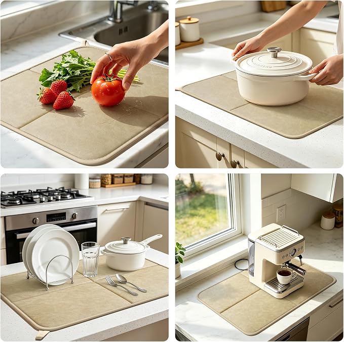 YDKGL 2 Pack PU Leather Dish Drying Mat for Kitchen Counter, Ultra Absorbent & Fast Drying Dish Mat Machine Washable Foldable Drying Pad for Countertops, Sinks, Draining Racks