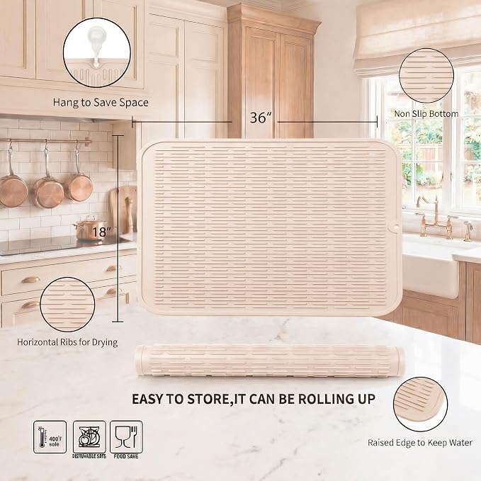 MicoYang Silicone Dish Drying Mat for Multiple Usage,Easy clean,Eco-friendly,Heat-resistant Silicone Mat for Kitchen Counter or Sink,Refrigerator or Drawer Liner Tapioca 5XL 36inches x 18inches