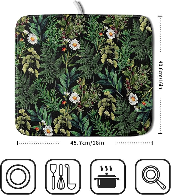 Green Botanical Dish Drying Mat 16x18 Inch Plant Leaf Fast Dry Dish Drainer Rack Mats Absorbent Microfiber Protector for Countertops Sinks