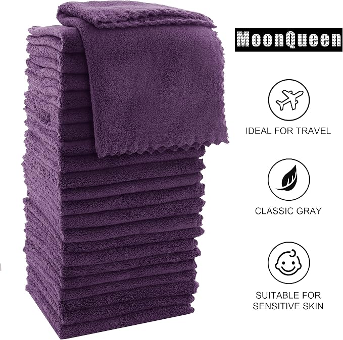 MOONQUEEN Ultra Soft Premium Washcloths Set - 12 x 12 inches - 72 Pack - Quick Drying - Highly Absorbent Coral Velvet Bathroom Wash Clothes (Plum)