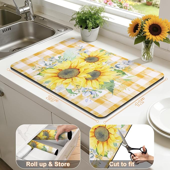 LOKHOM Dish Drying Mat for Kitchen Counter, 12"x20" Absorbent Coffee Bar Mat with Sunflowers, Vintage Floral Dish Drainer Rack Mats for Kitchen Counter Coffee Maker Pot Dining Room Decoration