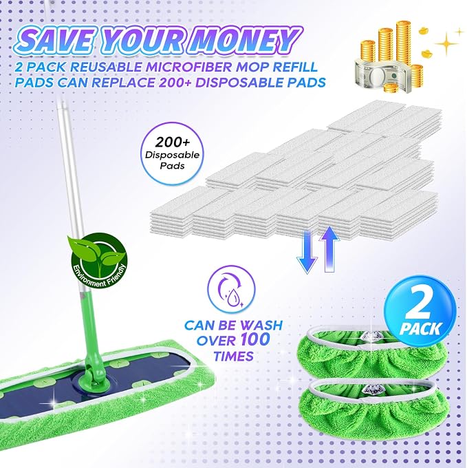 KEEPOW Reusable Mop Refill Pads Replacement Compatible with Swiffer Heavy Duty Wet Mopping Cloths, XL Wet Pads, Dry Sweeping Cloths for Hardwood Floor Cleaning, 2 Pack