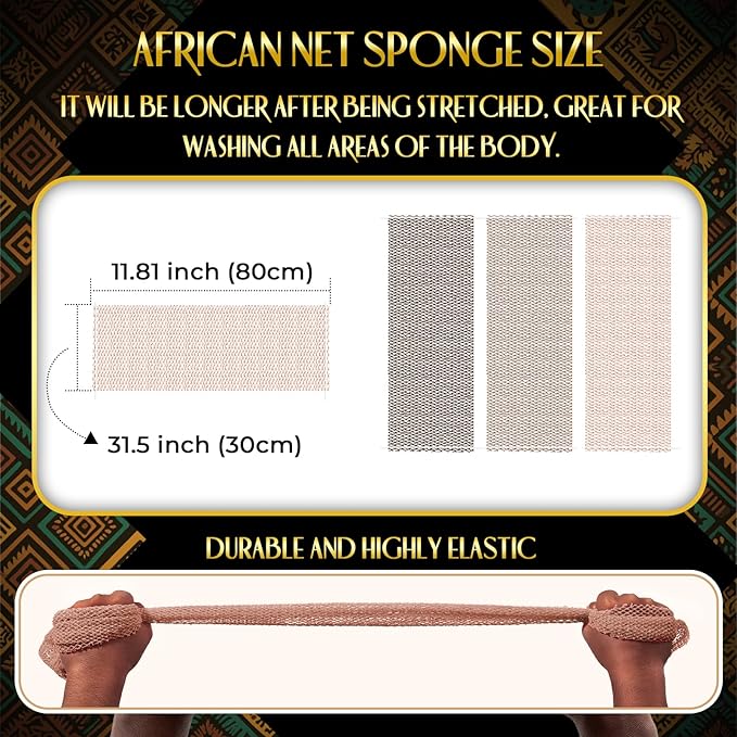 UJFQBH African Net Sponge Authentic, Exfoliating Body Scrubber for Back and Hard to Reach Areas, Gentle Daily Exfoliation for Deep Cleansing, Quick Drying Shower Essential, Rosewood 3 Pack