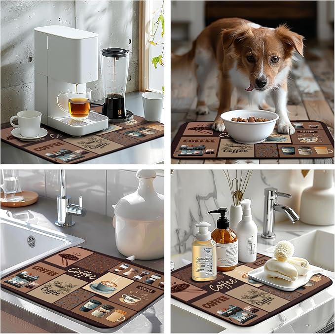 Coffee Theme Dish Drying Mats for Kitchen Counter Absorbent Microfiber Dish Drainer Mats Brown Pattern Coffee Bar Mat for Countertop Washable Dishes Drying Pad 16x18 Inch