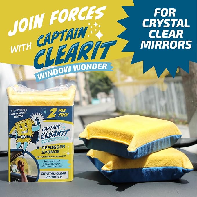 JJ KENT Captain Clearit Window Cleaner Sponge for Windshields, 2 Pack | Car window cleaner tool, non-scratch sponge for fog, steam, condensation, mirrors, glass, boats and bathroom surfaces
