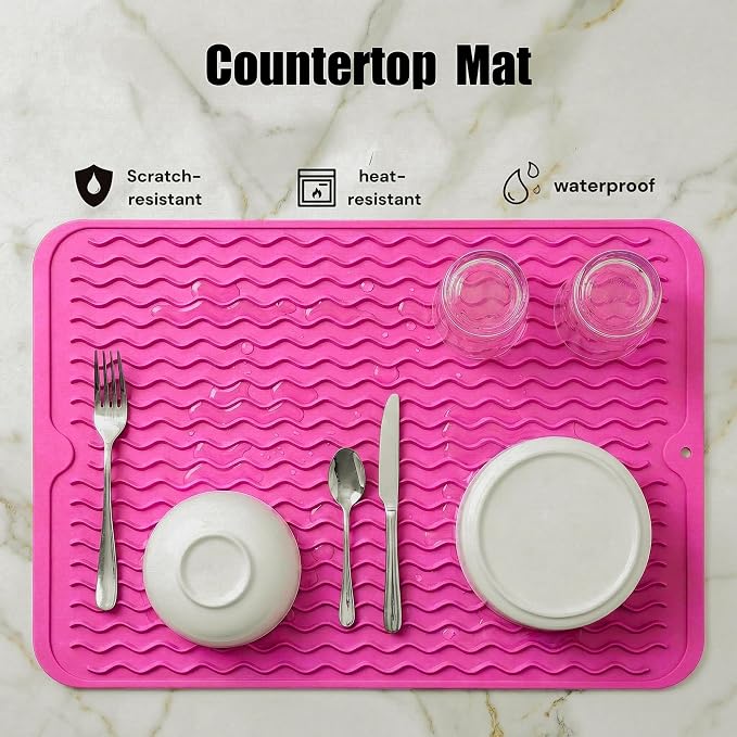 MicoYang Silicone Dish Drying Mat — Quick-Dry Ridges Counter & Sink Pad, Heat-Resistant Trivet to 450°F, Non-Slip & Dishwasher Safe, Roll-Up Storage, 18 Colors & 9 Sizes (Rose, 16"×12")