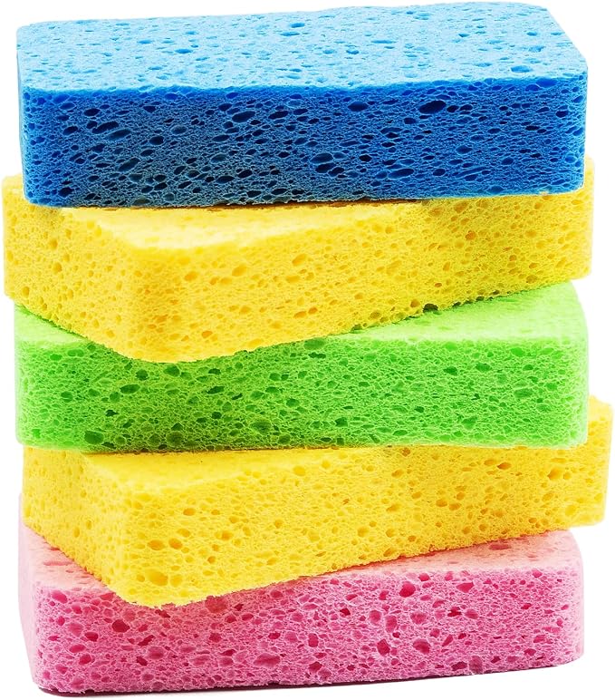 Temede Large Cellulose Sponges, Thick Absorbent Kitchen Sponges, 5-Pack | 5.5" x 3" x 1.2" (Expand), Soft Dish Sponge, Heavy Duty Scrub Sponges, Non-Scratch Cookware, Household, Compressed Packaging