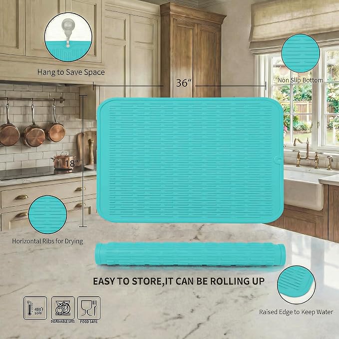MicoYang Silicone Dish Drying Mat for Multiple Usage,Easy clean,Eco-friendly,Heat-resistant Silicone Mat for Kitchen Counter or Sink,Refrigerator or Drawer Liner Mint 5XL 36inches x 18inches
