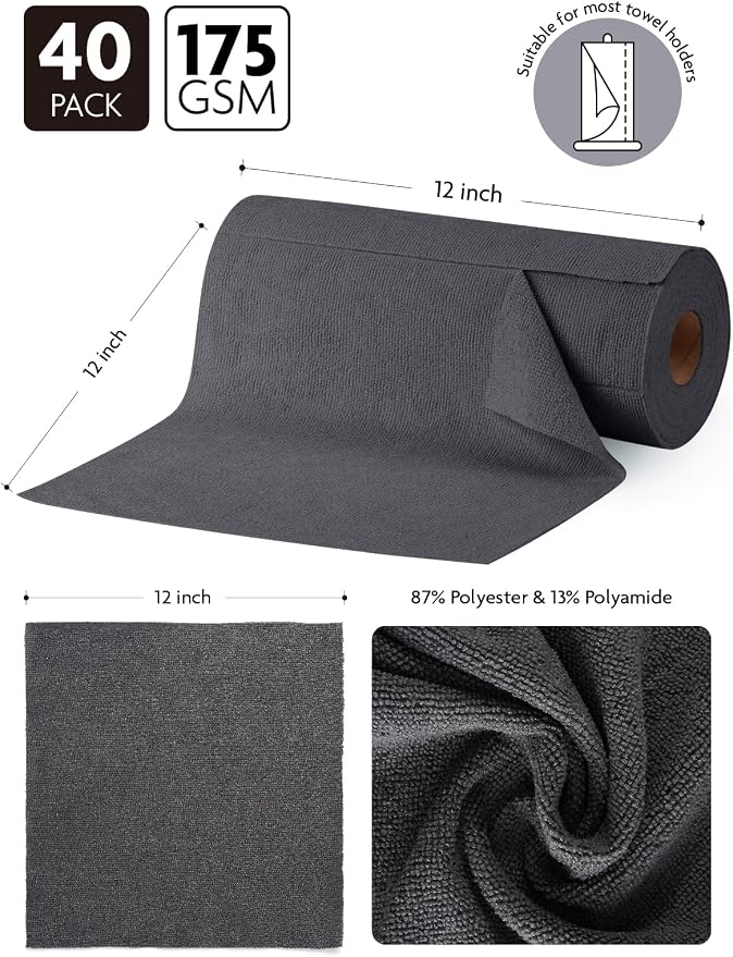 Fantasticlean Microfiber Cleaning Cloth Roll-40 Sheets, 12" x 12" (Dimgrey) | Super Absorbent, Lint-free, Tear-away Microfiber Towel Roll, for All-Purpose Cleaning