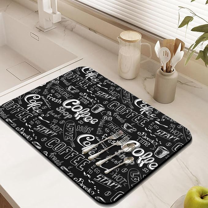 Coffee Bar Mat Accessories for Countertop Super Absorbent Anti-Slip Silicone Dish Drying Mats Kitchen Counter Draining Pad Decor Gift Fit Maker Pot Espresso Machine 24inx18in, (DS)