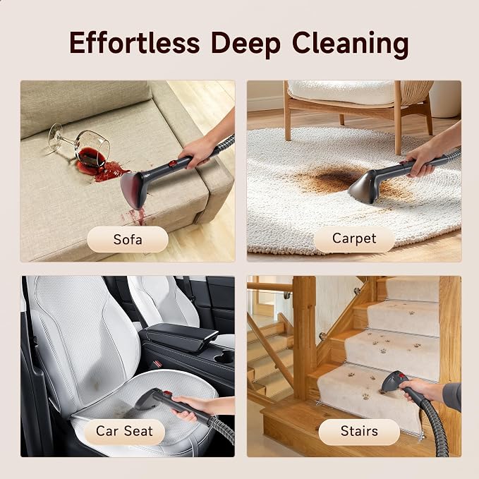 WURESE 17KPa Portable Carpet Cleaner Machine, Spot Shampooer for Couch Sofa | Dual Separate Tanks| Self-Cleaning| Extended Hose| Deep Suction for Couches, Stubborn Pet Stains & Muddy Paw Prints,Silver