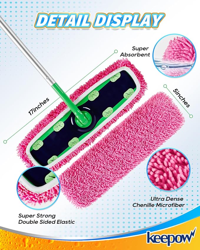KEEPOW Reusable Microfiber Mop Pads for Swiffer XL Mop | 2 Pack Pink, XL Dry Sweeping Cloths, XL Wet Pads Refills, Heavy Duty Mopping Cloths for Floor Mopping and Sweeping