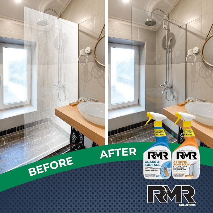 RMR Shower Shield Power Pack – Glass & Surface Cleaner/Repellent + Xtreme Soap Scum Remover, Multi-Surface Cleaning Kit for Bathroom, Tile, Glass, & Surfaces, 2–32 Oz Bottles
