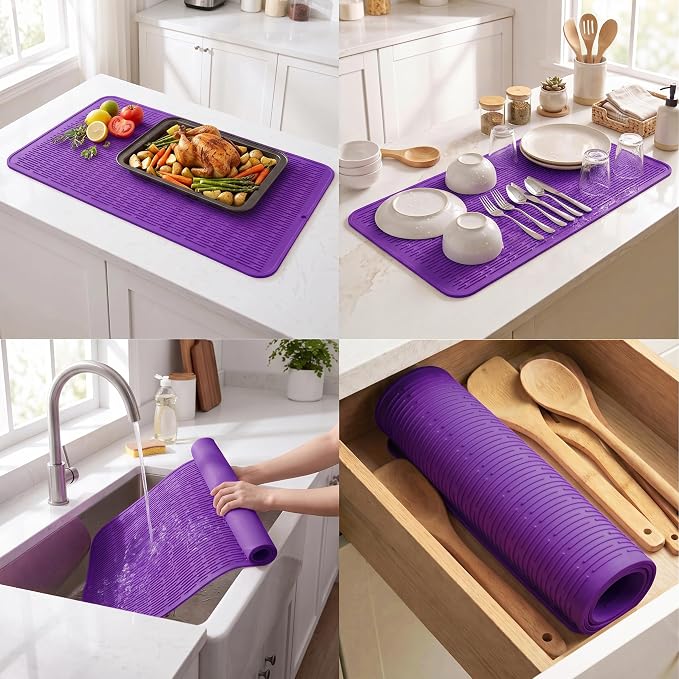 MicoYang Silicone Dish Drying Mat for Multiple Usage,Easy clean,Eco-friendly,Heat-resistant Silicone Mat for Kitchen Counter or Sink,Refrigerator or Drawer Liner Purple 5XL 36inches x 18inches