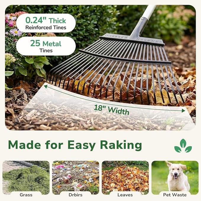 GreatBuddy Leaf Rake and Leaf Bags Combo, Adjustable Metal Garden Rake 29''-72'' 25 Tines, 2 Pack 53 Gallon Reusable Yard Waste Bags, Heavy Duty Lawn Rake with Dustpan Leaf Collector for Yard Cleanup