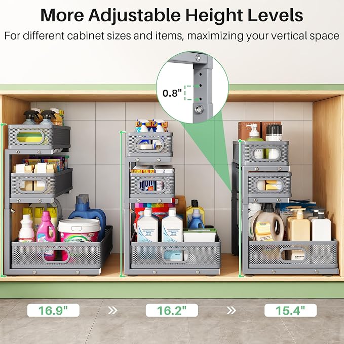 Kitstorack Under Sink Organizer, 2-Pack 3-Tier Height Adjustable Thickened Metal Pull out Cabinet Organizer Shelf, Slide out Storage Drawer Rack for Bathroom Kitchen Pantry Home Organization, Grey