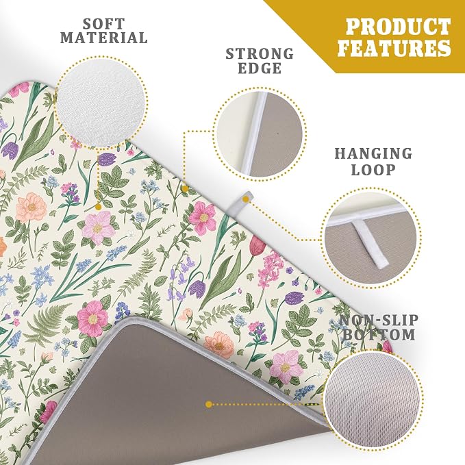 Spring Floral Dish Drying Mat for Kitchen Counter 18x24 Pink Sage Green Flower Vintage Botanical Print Absorbent Reversible Microfiber Drying Mats Kitchen Countertop Protector Dishes Drainer Rack Pad