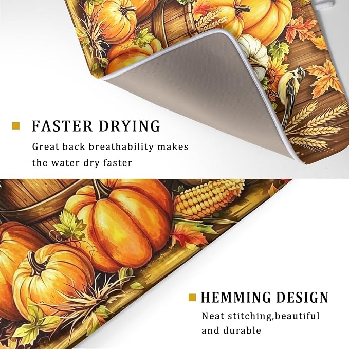 Autumn Dish Drying Mat for Kitchen Counter Fall Pumpkin Corn Harvest Microfiber Absorbent Dish Draining Reusable Washable Foldable Extra Large 18"x24"