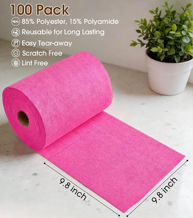 KitchLife Microfiber Cleaning Cloth Roll, 100 Pack - Tear-Away Microfiber Paper Towels, Lint-Free, Reusable, Washable for Kitchen, Car, Dishes, and Sensitive Surfaces (Hot Pink)