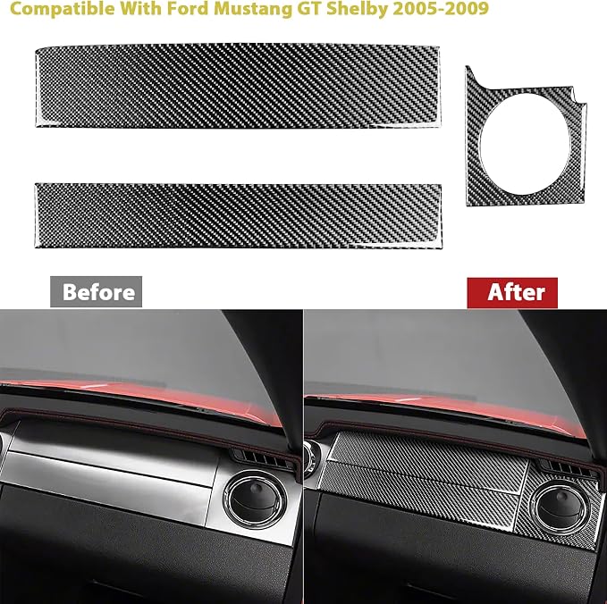 Real Carbon Fiber Trim for Ford Mustang GT Shelby Accessories | for 2005 2006 2007 2008 2009，Passenger Instrument Dashboard Cover，Thick Overlay Sticker Decal，3PCs