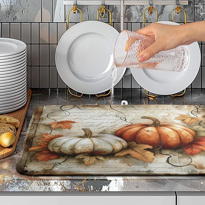 Fall Pumpkin Dish Drying Mats for Kitchen Counter 18x24 Inch Vintage Maple Leaves Dishes Drying Mat Seasonal Autumn Dish Drainer Mats Microfiber Absorbent Dish Drying Pads with Hanging Loop