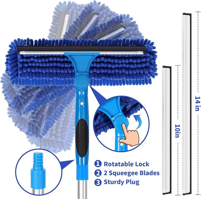 109" Window Cleaning Squeegee Kit, Professional 2 in 1 Squeegee Window Cleaner with Extension Pole, Window Washing Kit with 2 Blade 2 Pads for Indoor & Outdoor High Windows Car Glass