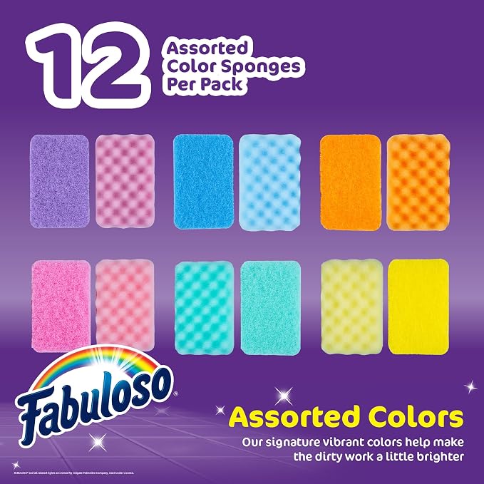 Fabuloso Scratch-Free Kitchen Dish Sponges, Rainbow Cellulose Scrubber Sponge with Scouring Pad for Dishes, Pots, Pans, Counters and Sinks, Tough on Messes, 4.25 x 2.75 x 1.25 in, 12 Count