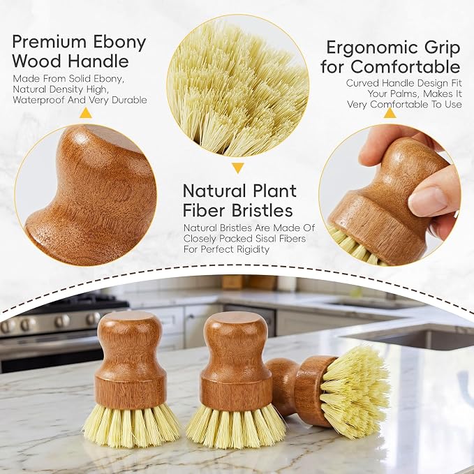 DEBETOOL 3-Pack Wooden Dish Brush - Natural Dish Scrubber & Vegetable Brush with Sisal Bristles, Kitchen Scrub Brush for Pots Pans & Vegetables