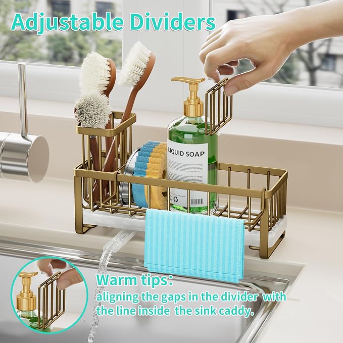 HapiRm Sponge Holder for Kitchen Sink - Self-draining Sink Caddy with Brush and Dishcloth Holders, Stainless Steel Kitchen Countertop Organizers and Storage Essentials - Dark Gold