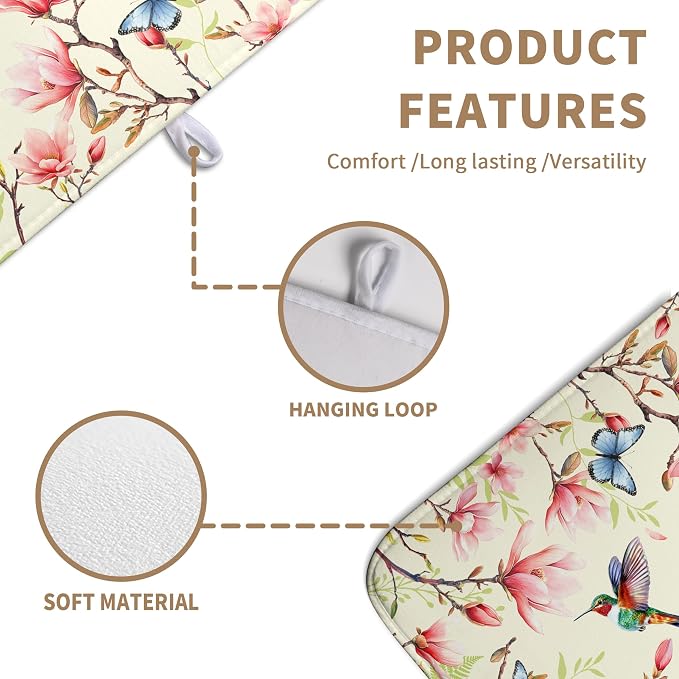 Spring Flowers Floral Dish Drying Mats Spring Summer Hummingbird Dish Mat Drying Matt Butterfly Dishes Dryer Pad for Kitchen Counter Absorbent Microfiber Washable Foldable Reusable 18x24 in