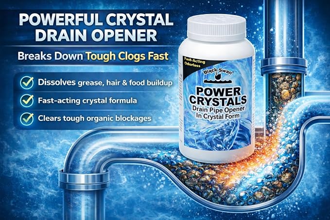 Black Swan 09177 Power Crystals Drain Opener, 2 lbs (32 oz) - Heavy Duty Crystal Formula for Cleaning Clogged Drain Pipes Due to Grease, Food Scraps - Safe for Plumbing & Septic Systems