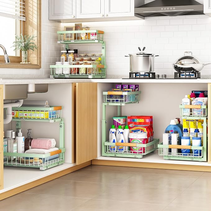 PXRACK Under Sink Organizer, Adjustable Height, 2 Tier Pull Out Under Cabinet Organizer, Slide Out Thickened Metal Under Sink Storage for Kitchen Bathroom Laundry Pantry Cabinet, Green, Large-1-Pack