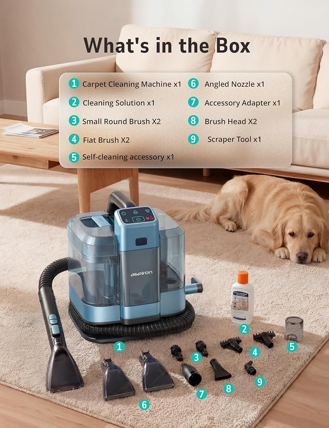 Aspiron Carpet Cleaner,Fast Heating Steamer,Carpet Cleaner Machine for Home,Hot/Cold Water & Steam Wash,Spot Cleaning,20Kpa Powerful Suction,300ML Cleaning Solution,for Upholstery,Sofa,Pet Stain,Car