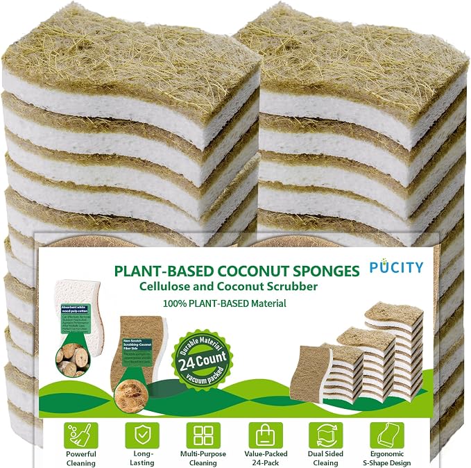 Sponges Kitchen Natural Dish Sponge Plant-Based Biodegradable Compostable Cellulose with Coconut Scrubber Sponge Non Scratch Eco Friendly Kitchen sponges for Kitchen Dishes（Pack of 24）
