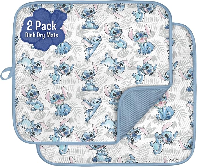 Disney Dish Drying Mats for Kitchen Counter (2 Pack) – 16" x 18" Absorbent Kitchen Drying Mats for Dishes – Fast-Drying, Machine Washable Dish Mats – Mickey & Minnie, Winnie the Pooh, & Stitch