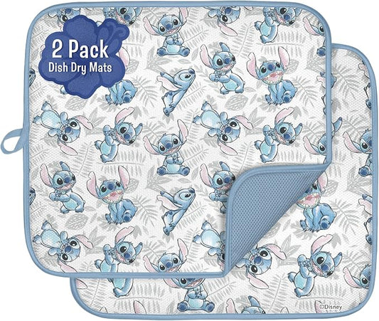 Disney Dish Drying Mats for Kitchen Counter (2 Pack) – 16" x 18" Absorbent Kitchen Drying Mats for Dishes – Fast-Drying, Machine Washable Dish Mats – Mickey & Minnie, Winnie the Pooh, & Stitch