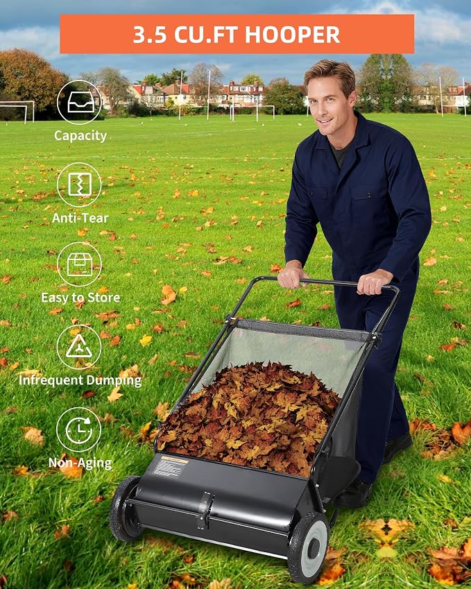 Garvee 21 Inch Push Lawn Sweeper, 3.5 Cu. Ft. Hopper Capacity Grass Sweeper, Manual Push Yard Sweeper with Height Adjustment & 4 Fast Spinning Brushes for Grass Clippings, Leaves & Debris, Black | Manual Push Yard Sweeper with Height Adjustment & 4 Fas...