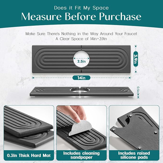 eormoe Diatomite Kitchen Faucet Mat - 14Inch Water Absorbing Stone Tray for Sink, Stone Fast-Drying Faucet Mat for Kitchen Counter Sink Accessories (Dark Grey, 14'' x 3.9'')