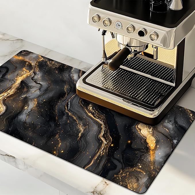 Dish Drying Mat Large Coffee Mat Absorbent Drying Mat for Kitchen Counter Coffee Bar Accessories 32"x 17", Black Gold Marble