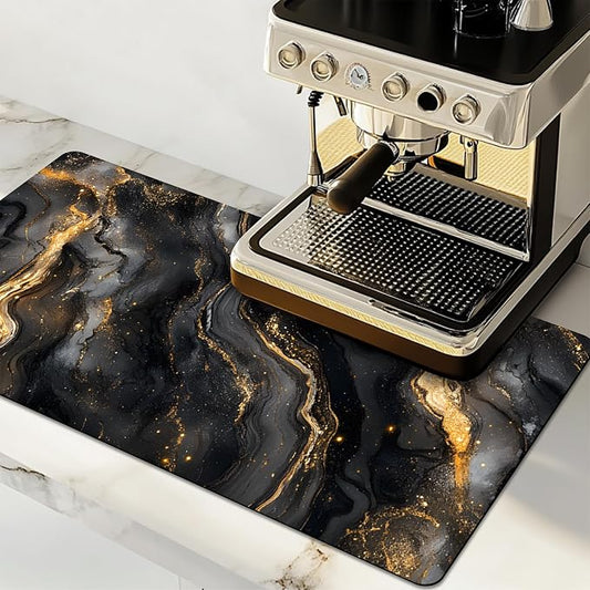 Dish Drying Mat Large Coffee Mat Absorbent Drying Mat for Kitchen Counter Coffee Bar Accessories 32"x 17", Black Gold Marble