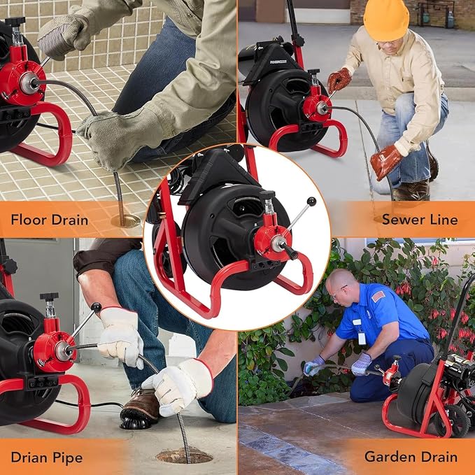Garvee 100ft 3/8 Inch Drain Cleaner Machine, 370W Portable Drain Cleaning Machine Electric Drain Snake with 8 Cutters Gloves, Electric Drain Clog Remover Plumbing Tool for 2 to 4 in Pipes