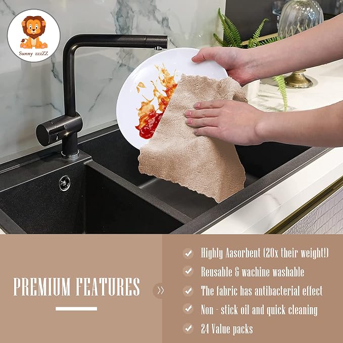 Sunny zzzZZ 24 Pack Kitchen Dishcloths - Does Not Shed Fluff - Reusable Dish Towels, Dish Cloths, Super Absorbent Coral Fleece Cleaning Cloths, Nonstick Oil Washable Fast Drying, 7 x 9 Inch (Brown)