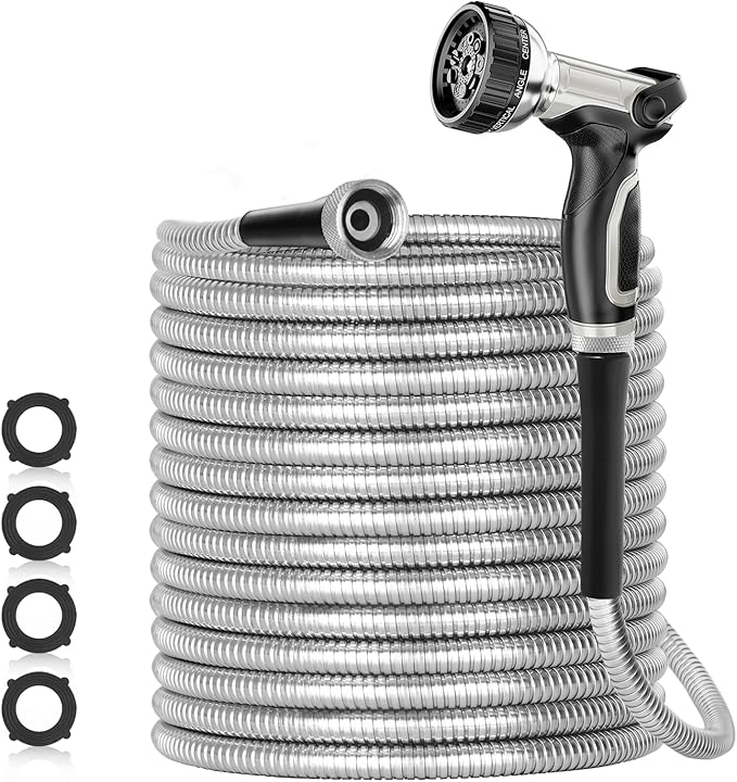 SPECILITE 175ft 304 Stainless Steel Metal Garden Hose with Nozzle | Puncture Resistant, Flexible, Never Kink & Tangle, Heavy Duty Water Pipe for Yard, Outdoor, Lawn