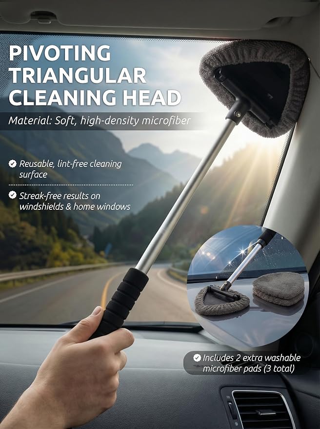 TAKAVU Window & Windshield Cleaner, Extendable, 3 Microfiber Pads (Grey) | Pivoting Triangle Head Wiper Cleans Interior & Exterior Glass, 3 Washable Reusable Bonnets, Lint-Free