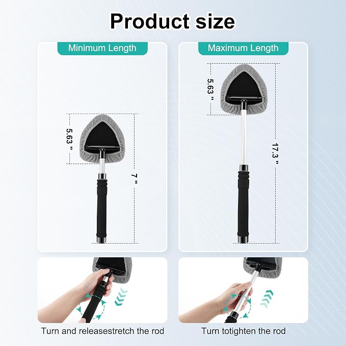 JUSTTOP Windshield Cleaner Tool, Car Interior and Exterior Window Cleaning Kit with Extendable Handle & 4 Reusable Microfiber Pads, Auto Glass Wiper Brush Kit for Car & Home Windows (Grey)