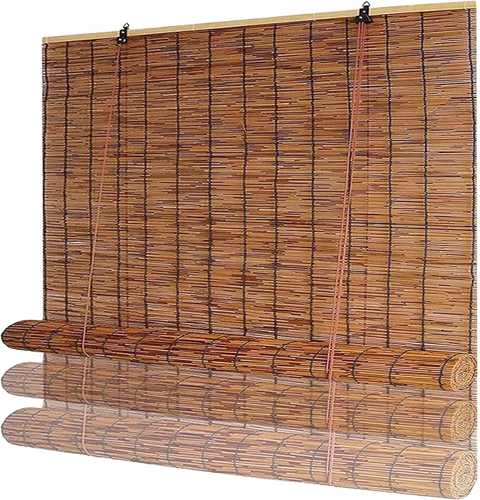 Retro Bamboo Roll up Blinds, Outdoor Reed Shades for Patio & Porch, Waterproof Roller Window Shades with Lift, Blackout Privacy Screen for Home Garden, 24" 36" 48" 60" 72" Wide Brown(44" W x 84" H)