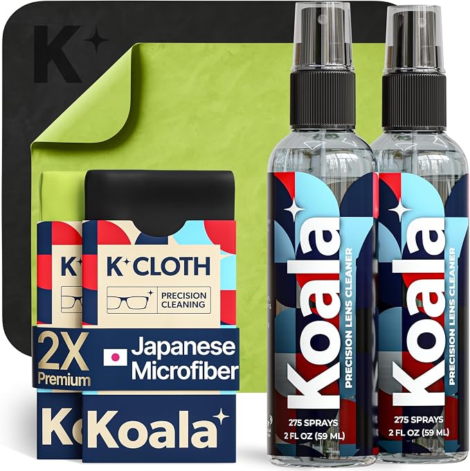 Koala Eyeglass Lens Cleaner Spray Kit | Japanese Microfiber (4 Piece Set) | (2x) Glasses Cleaner Bottle + (2x) Microfiber Cloth | Alcohol Free Eyeglasses, Screen, and Camera Cleaning Kit | Made in USA