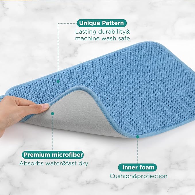 GeeRic Microfiber Dish Drying Mat, Super Absorbent Kitchen Dish Drying Pad, Reversible for Countertop, 15*20 inch Blue