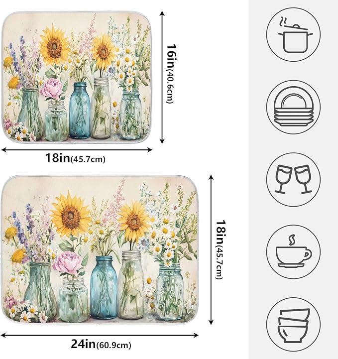 Spring Summer Floral Jars Flowers Dish Drying Mat for Kitchen Counter Absorbent Microfiber Large Drying Pad Dish Mats for Kitchen Countertops 18 x 24 Inch