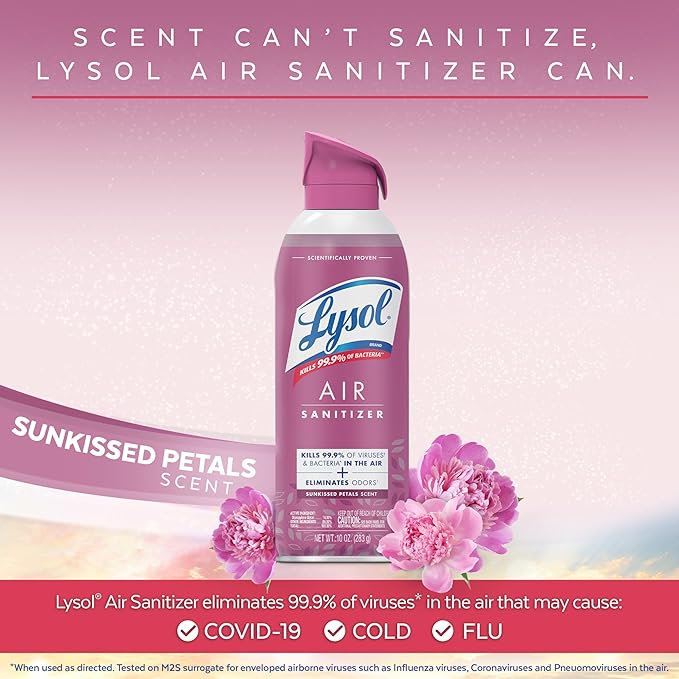 Lysol Air Sanitizer Spray with Bacterial Odor Eliminator for Home & Office, Sanitizing Air Spray, Air Freshener Alternative, Sunkissed Petals Scent, 10 oz (Pack of 3)